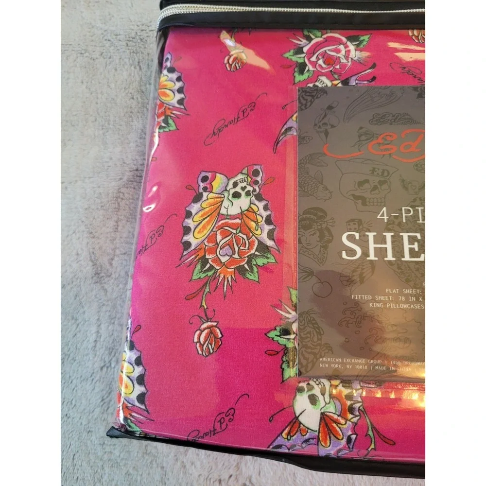 Ed Hardy King Size Pink Bedsheet Set Roses Butterfly Skulls Y2K 16